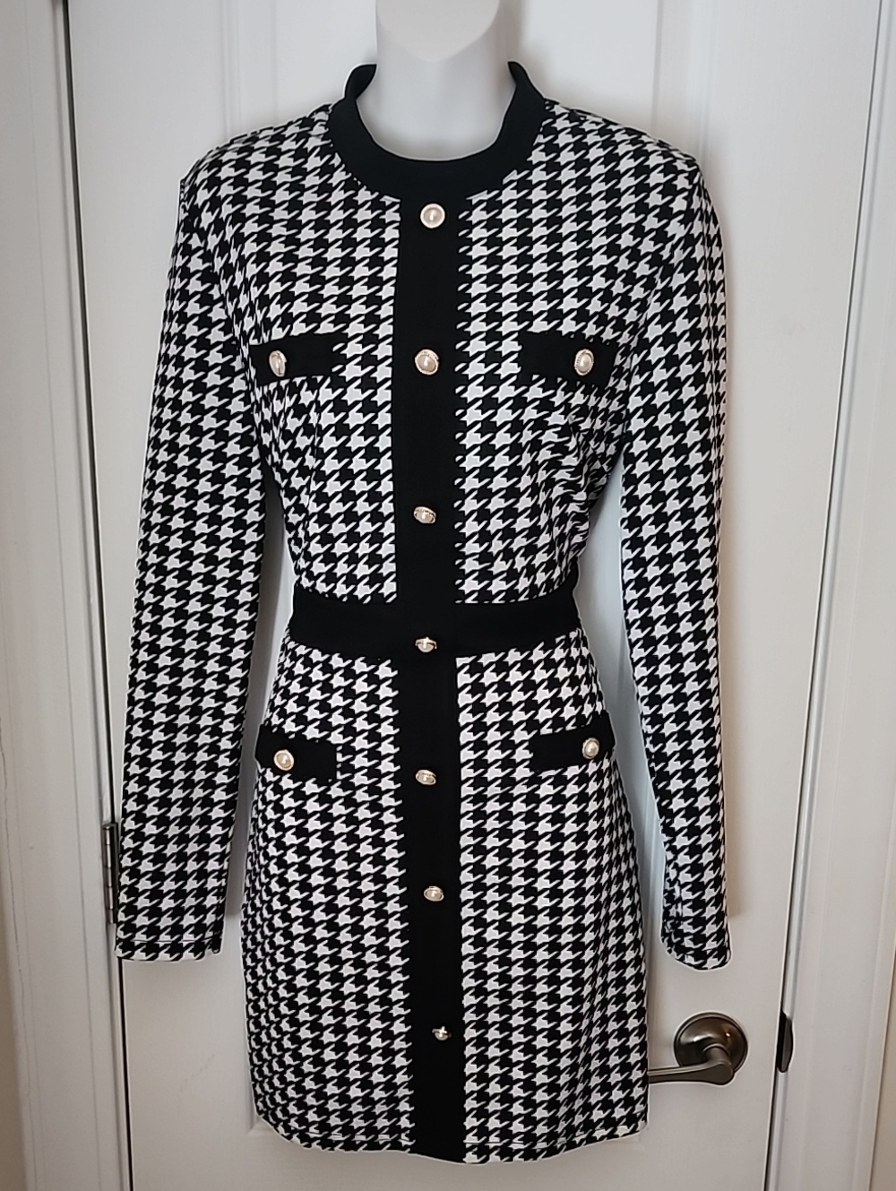 Classic Houndstooth Knit Dress with Gold Buttons - Black/White